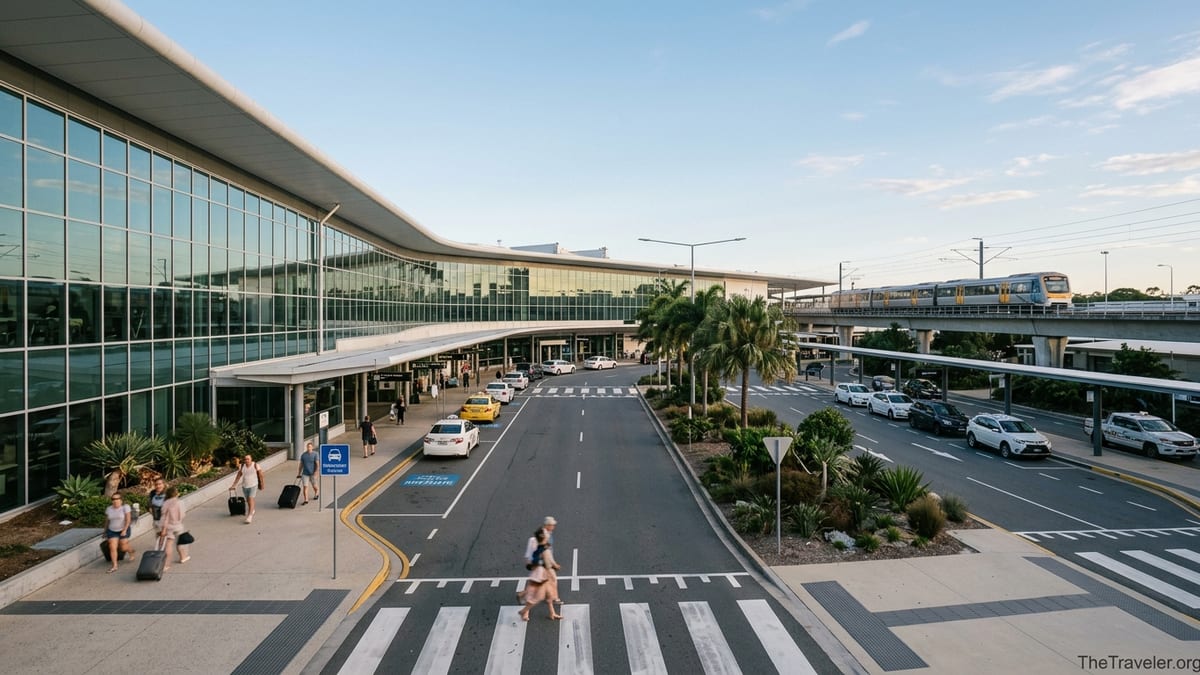Exterior view of Brisbane Airport International Terminal with Airtrain tracks, taxis and travelers in soft afternoon light.