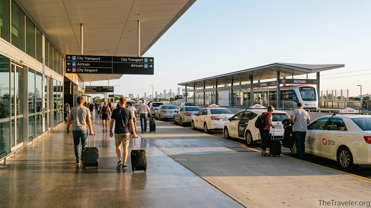 Arriving passengers outside Brisbane Airport choosing trains and taxis to the city.