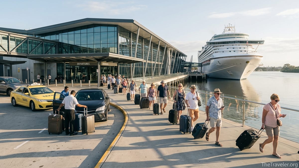 Passengers with luggage arriving by taxi and rideshare at Brisbane International Cruise Terminal on embarkation morning.