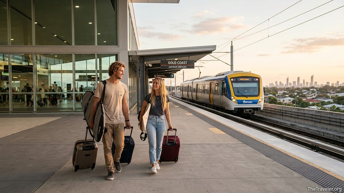Travellers with surfboards and luggage boarding a train from Brisbane Airport to the Gold Coast at sunrise.