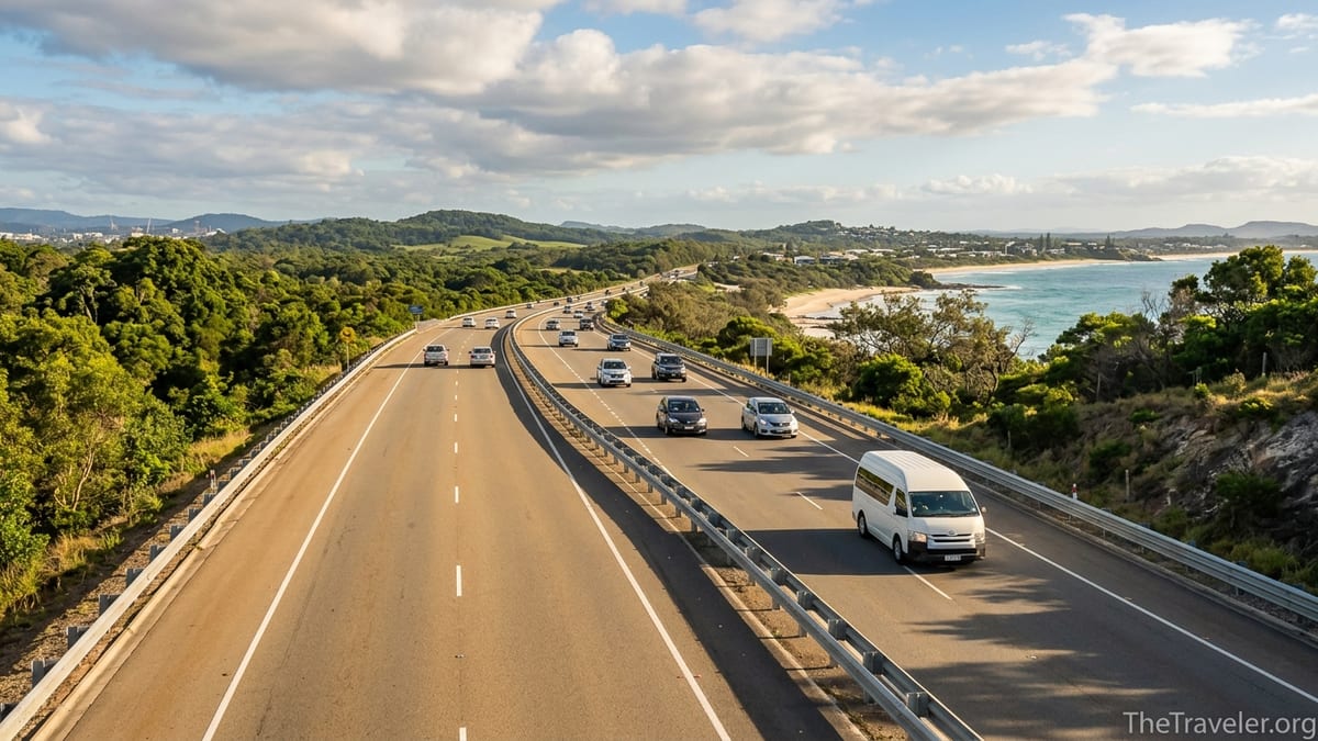 Cars and a shuttle van driving from Brisbane toward the Sunshine Coast along a coastal highway at sunset.