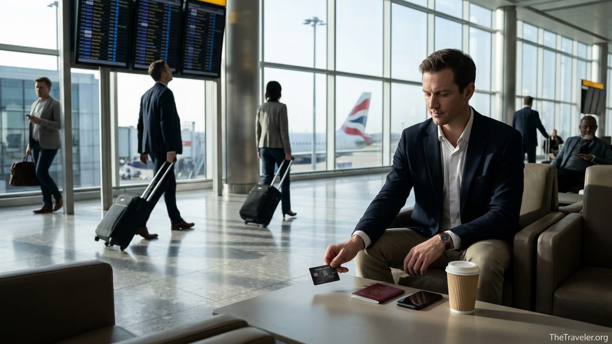 Traveler at Heathrow lounge placing a British Airways American Express card beside a passport and coffee with a BA jet at the