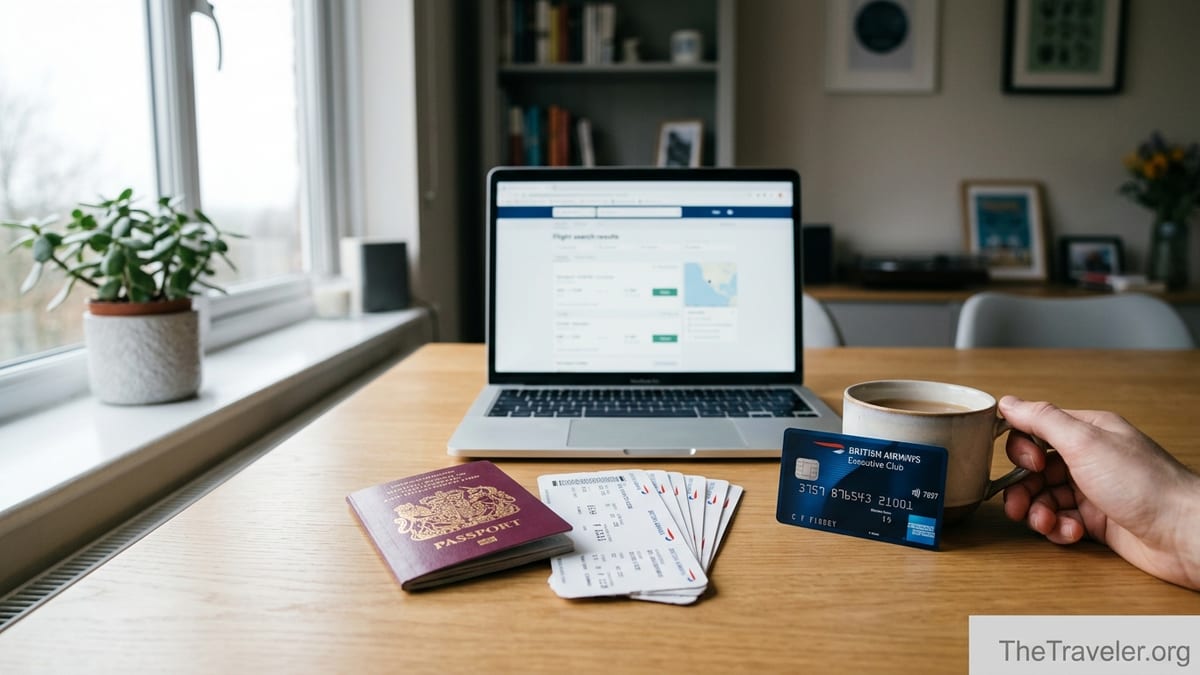 British passport, BA boarding passes and a BA American Express card on a kitchen table beside a laptop.