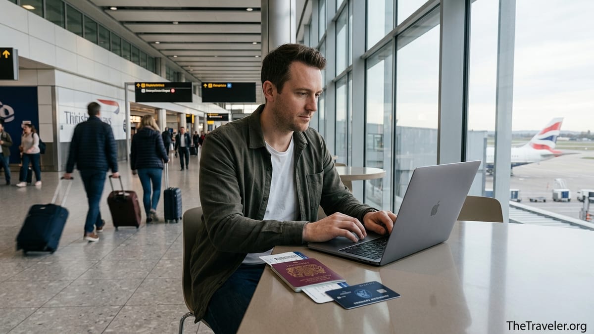 Traveler at an airport table comparing British Airways card perks on a laptop with passport and credit card visible.