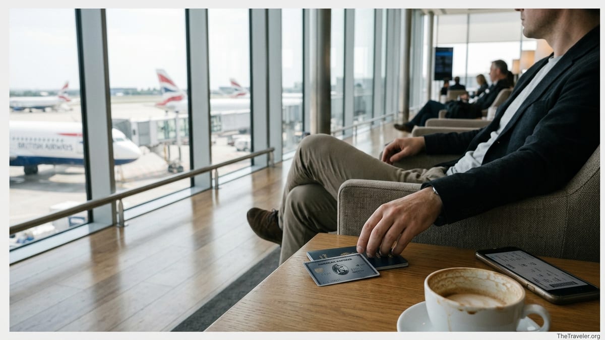 British Airways American Express card on an airport lounge table with passport and coffee at Heathrow.