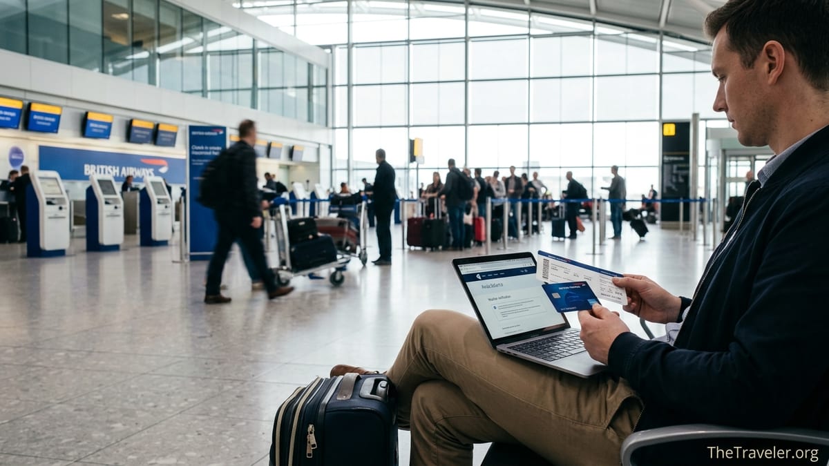 Traveller at Heathrow Terminal 5 checking a British Airways Amex card and Avios on a laptop.
