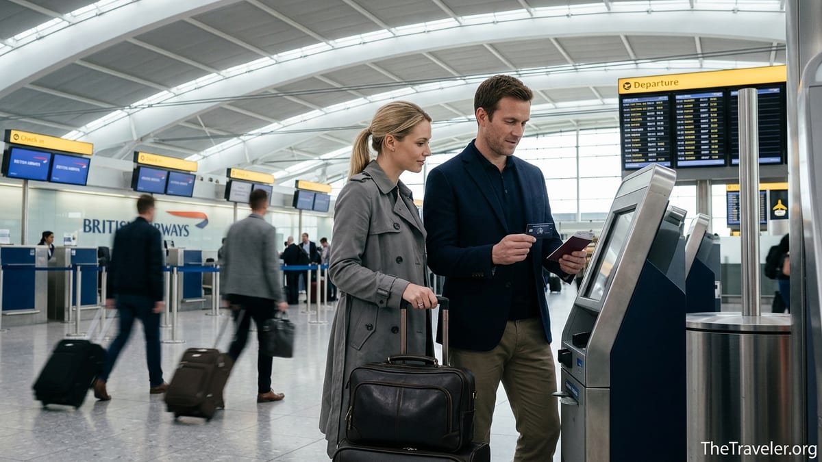 Traveller holding a British Airways Amex card at Heathrow Terminal 5 check-in.