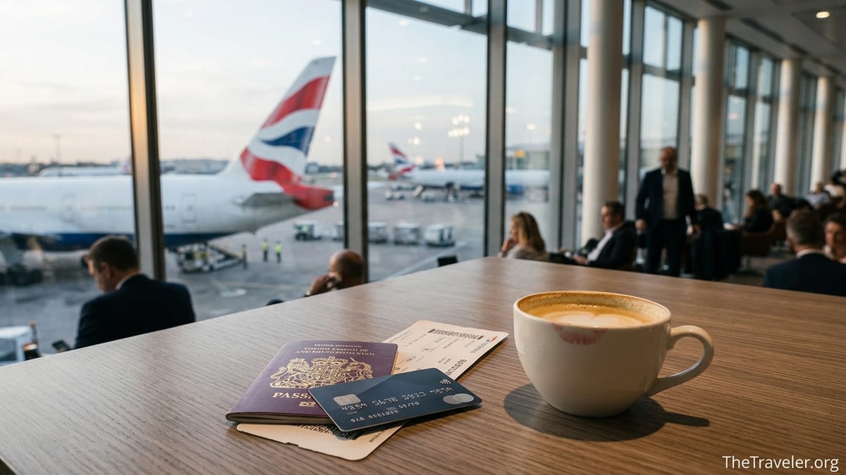 Traveller’s table in Heathrow lounge with credit card, passport and British Airways plane outside window.