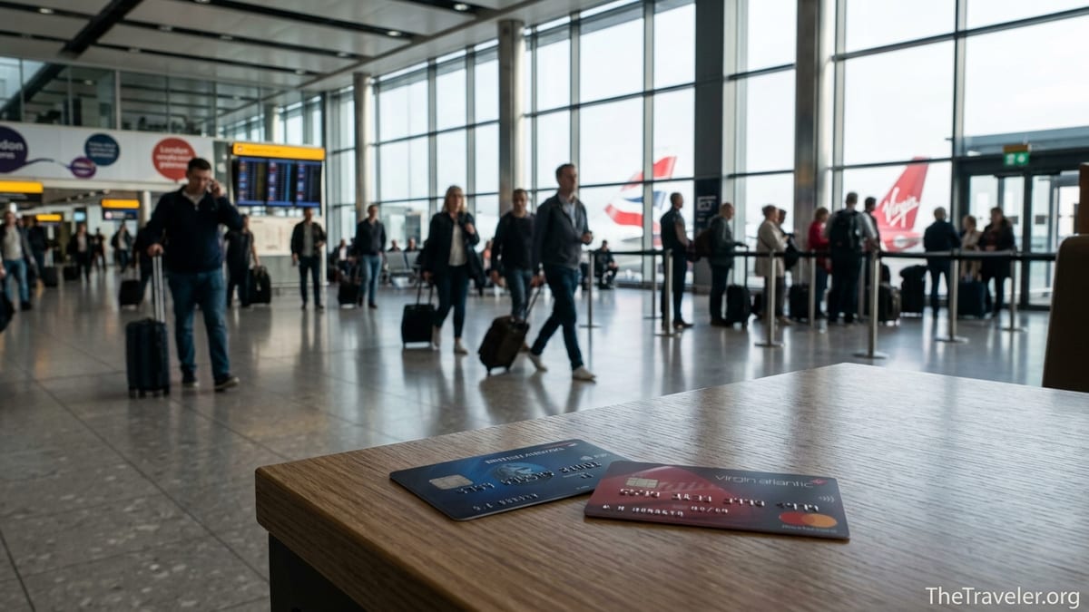 British Airways and Virgin Atlantic credit cards on a café table in a busy UK airport terminal.