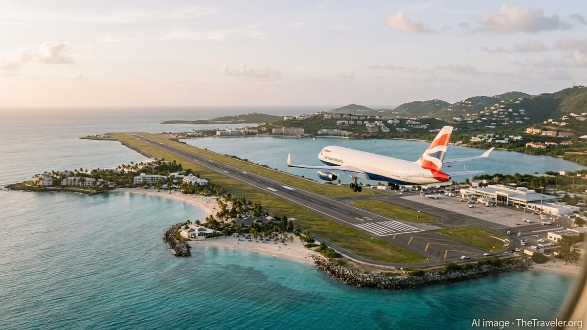 British Airways aircraft descending over a Caribbean island with beaches, resorts and runway below.