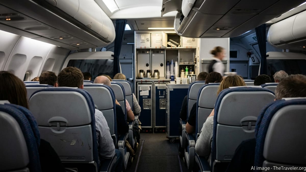 Dimly lit rear cabin of a long-haul aircraft with passengers seated and a busy galley visible in the background.