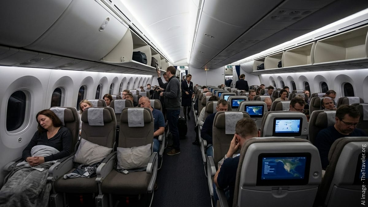 Passengers sit and stand in a dimly lit British Airways long-haul cabin after a delayed overnight flight.