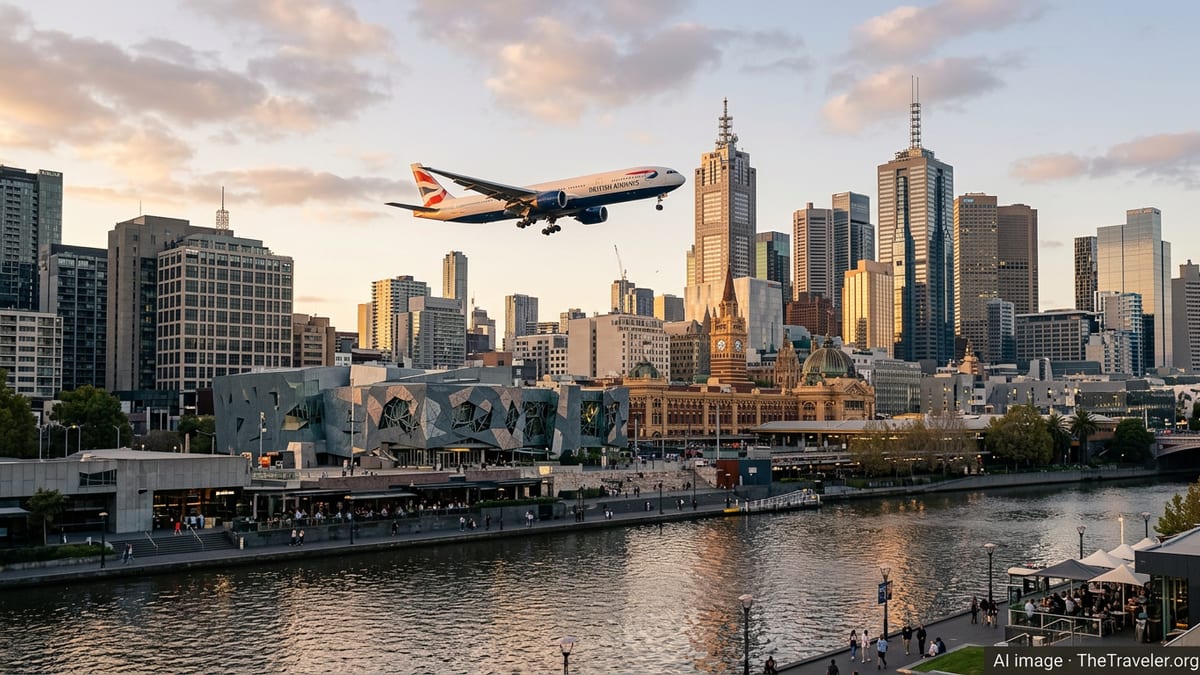 British Airways jet approaching Melbourne above the Yarra River at golden hour.