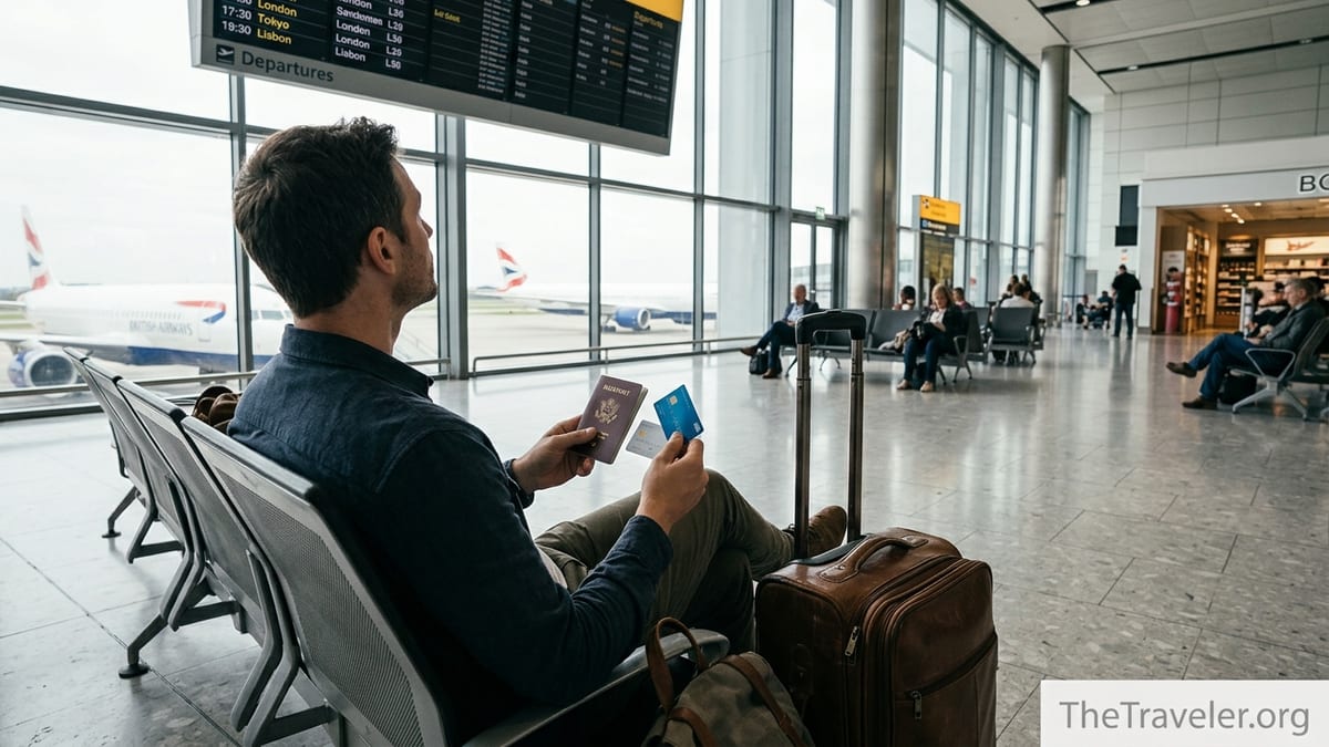 Traveler in an airport comparing two credit cards with British Airways jet outside the window.