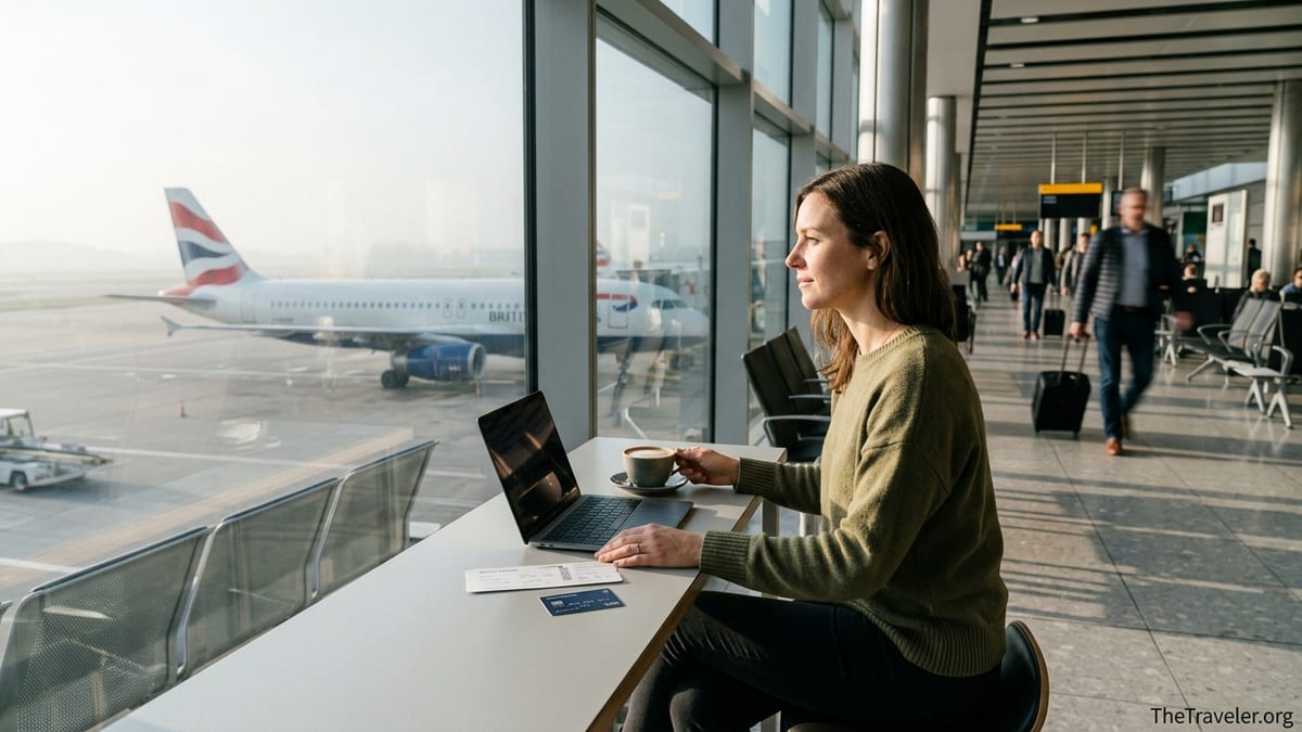 Traveler at airport window with British Airways plane and credit card on table.