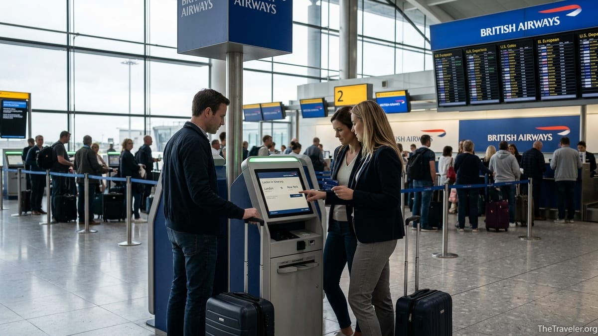 Travelers using a British Airways Visa card at Heathrow Terminal 5 check-in area.