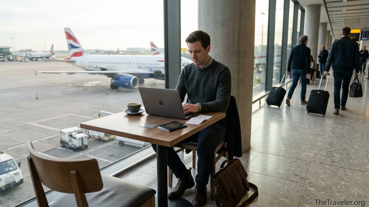 Traveler at airport cafe with British Airways plane outside and credit card on table.