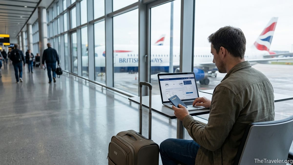 Traveler at airport window holding a credit card with a British Airways jet outside.