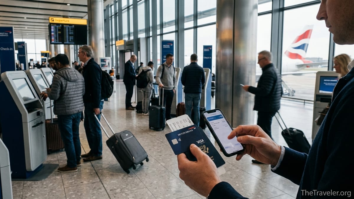 Traveler holding a British Airways Visa card at Heathrow Terminal 5 check-in area.