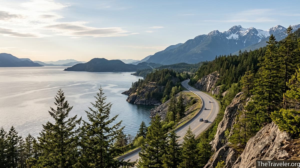 Scenic highway along BC’s Howe Sound with distant snow-capped mountains at sunset.