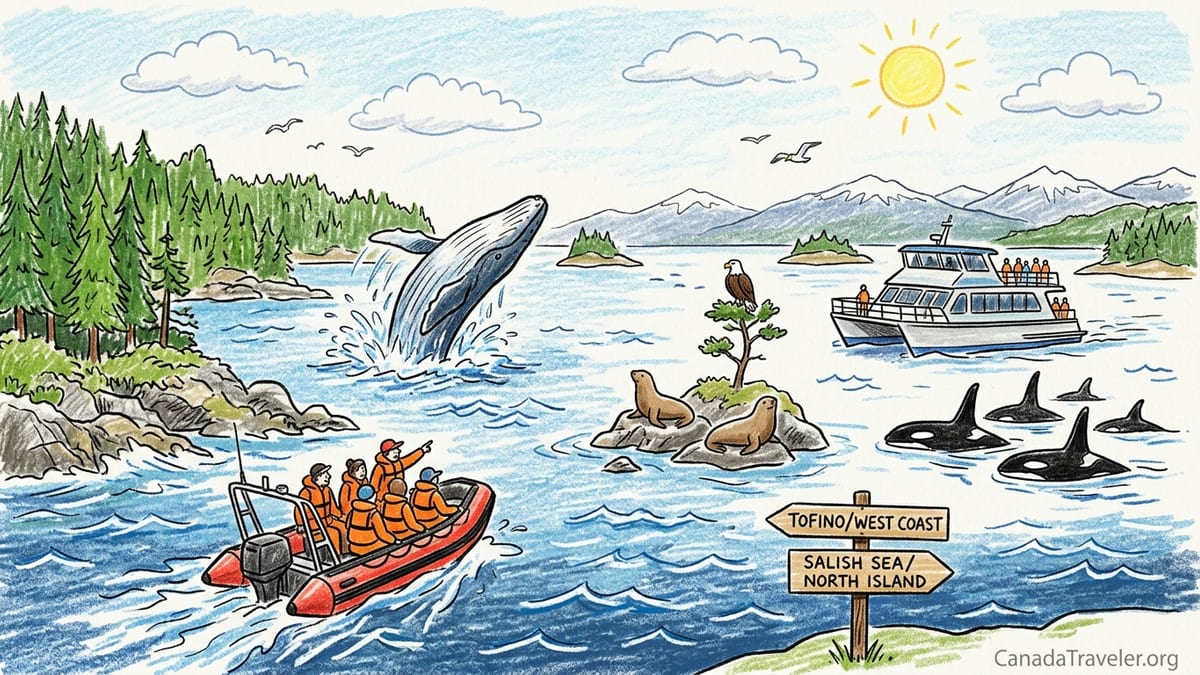 Covered whale watching boat near Vancouver Island with humpback tail fluke in calm coastal waters.