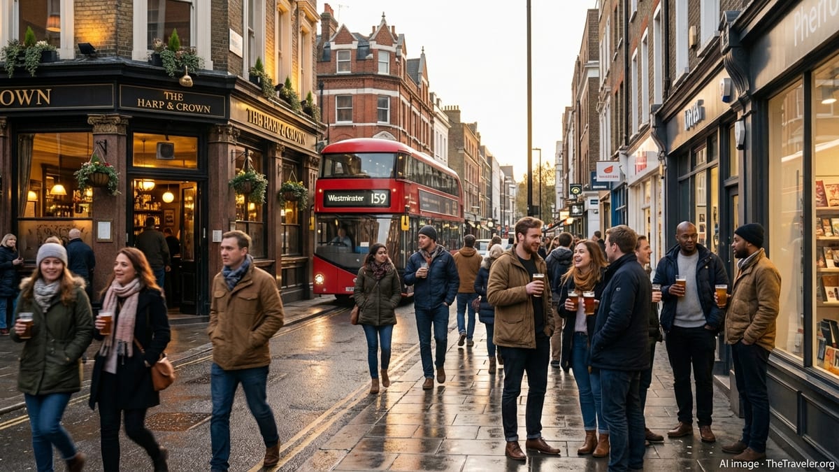 Busy London street at golden hour with people outside a corner pub and a red double-decker bus passing.