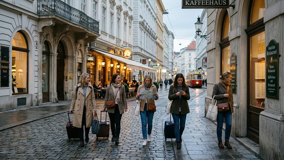 British women walking with luggage past cafes and hotels on a European city street at dusk.