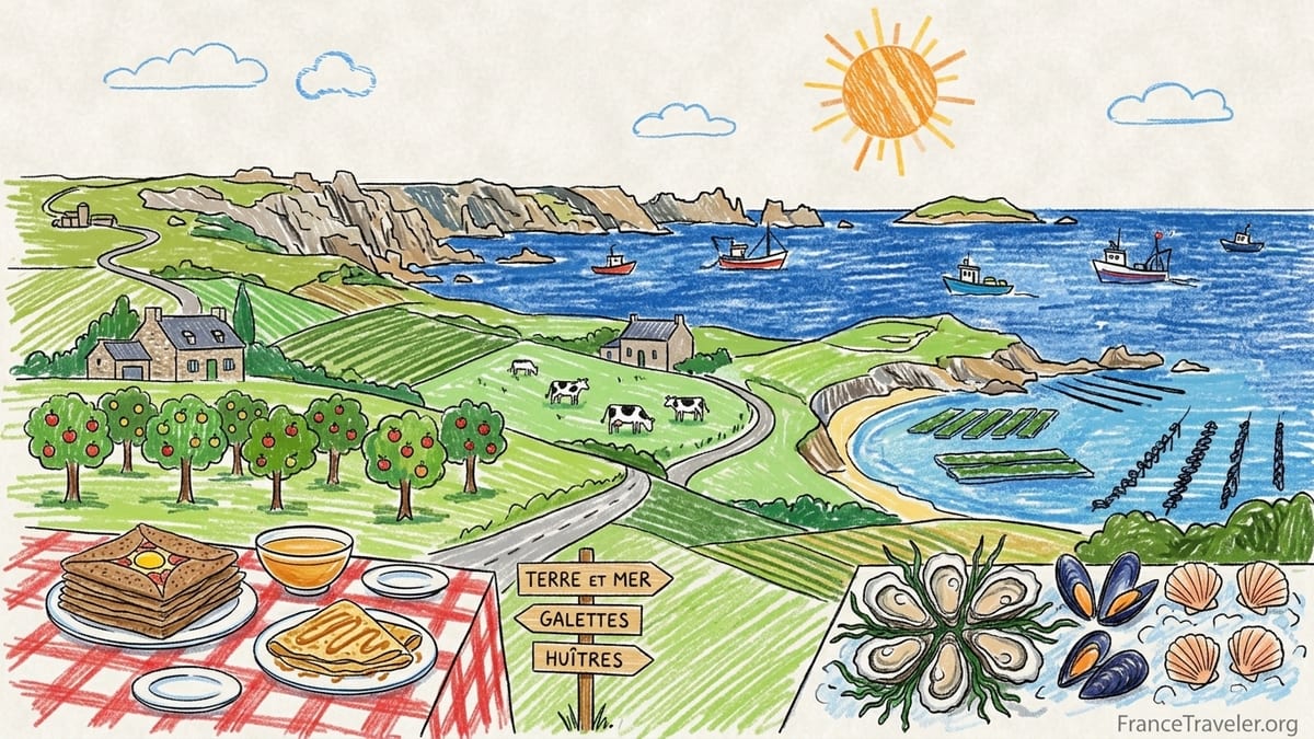 Table in Brittany with oysters, buckwheat galette, kouign-amann and cider overlooking tidal oyster beds.