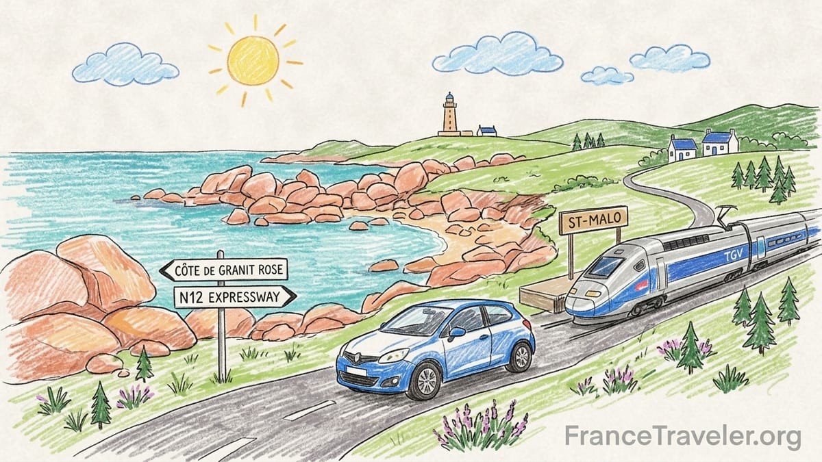 Coastal road above Brittany’s Pink Granite Coast with a small car parked beside pink rocks at golden hour.