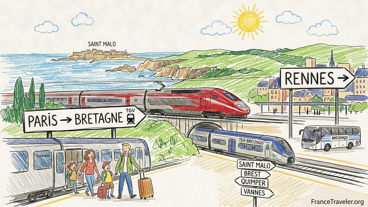 High speed train and cars in the Breton countryside near Rennes on a sunny day