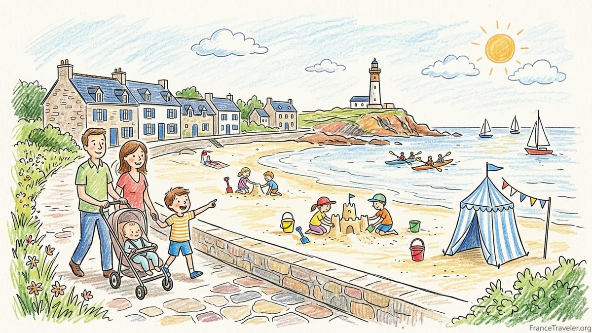 Family walking with children along a sandy Breton beach at low tide, with pink granite rocks and a lighthouse in the distance