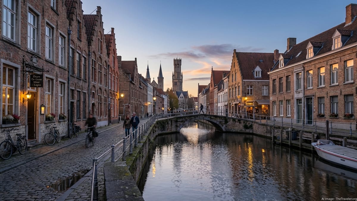 Early evening scene of a historic canal in Bruges, Belgium with townhouses and pedestrians.