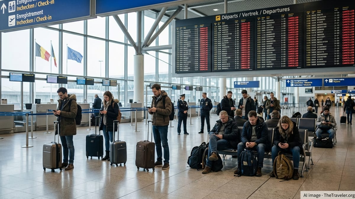 Travelers stranded in Brussels Airport departures hall as strike cancels flights.