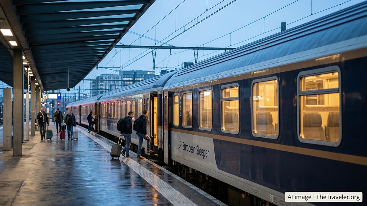 Night train at Brussels platform at dusk with passengers boarding for Cologne, Zürich and Milan.