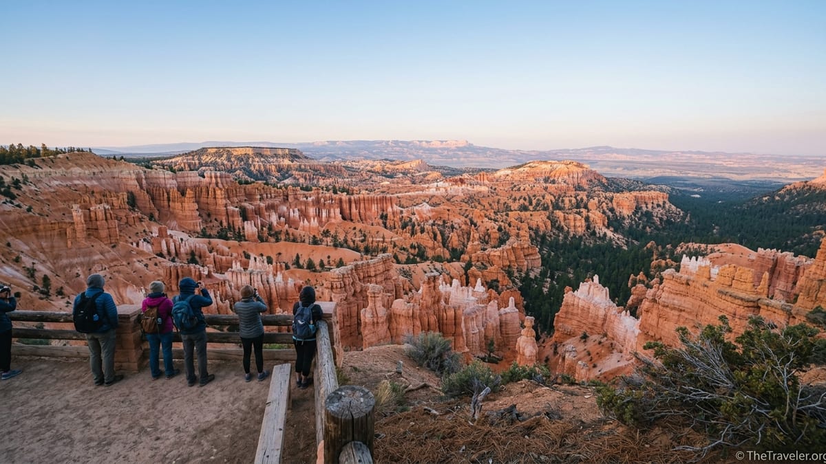 Sunrise view over the hoodoo-filled Bryce Amphitheater from the rim at Bryce Canyon.