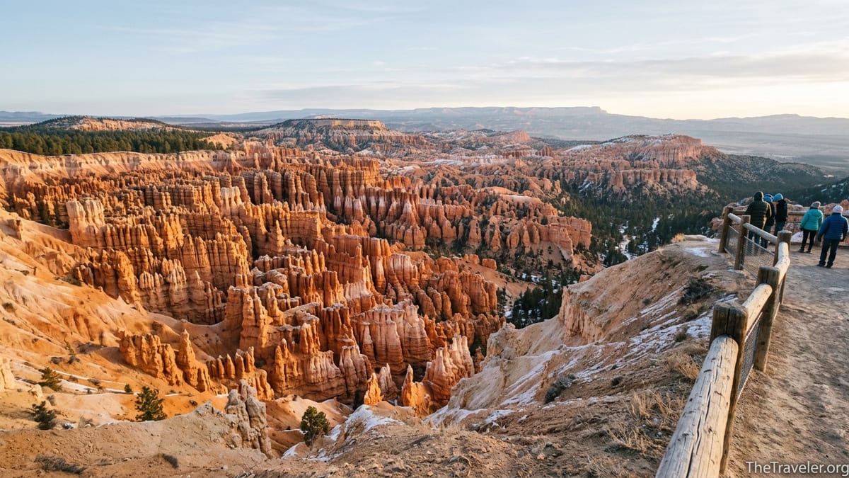 Sunrise view over Bryce Amphitheater hoodoos from the rim near Sunset Point in Bryce Canyon National Park.