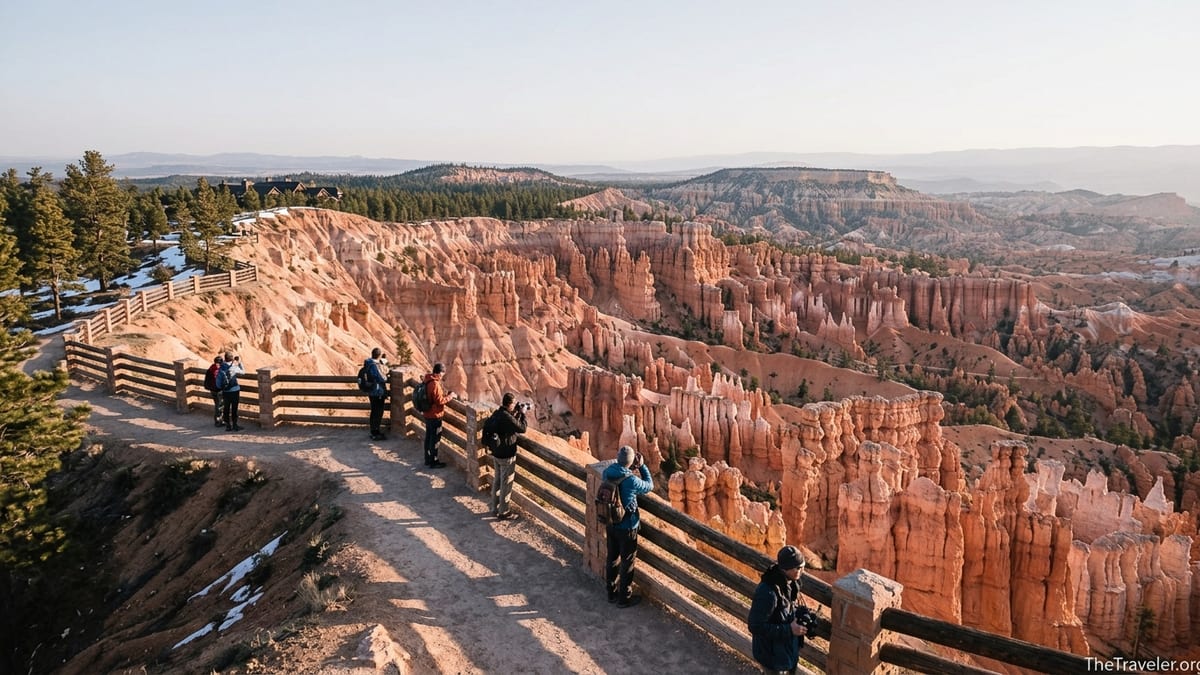 Travelers watch sunrise over the hoodoos from the rim of Bryce Canyon National Park.