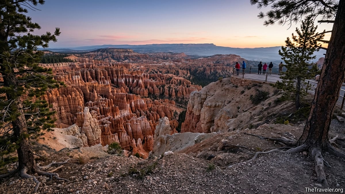 Sunrise over the hoodoos of Bryce Canyon viewed from the rim with visitors at an overlook.