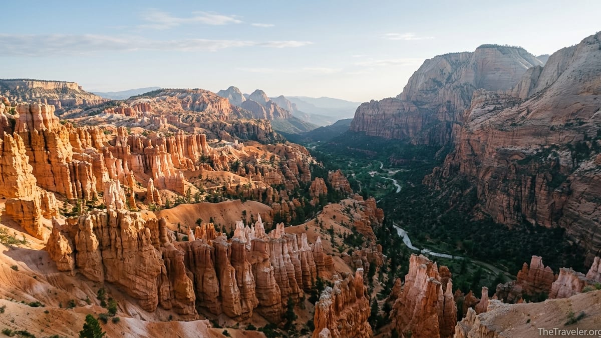 Sunrise over Bryce Canyon hoodoos with distant sandstone cliffs and a green valley.