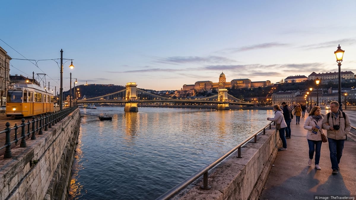 Early evening view of Buda Castle and Széchenyi Chain Bridge in Budapest.