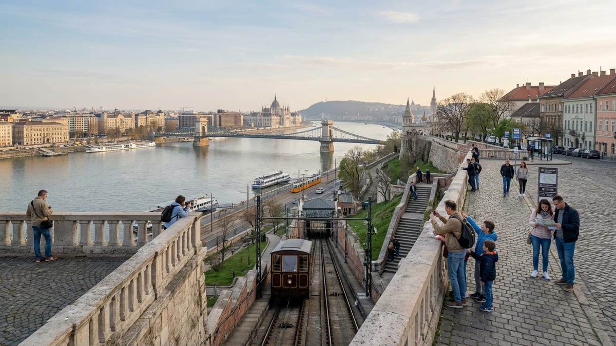 Late afternoon view from Buda Castle terrace, overlooking the Danube and Pest side of Budapest.
