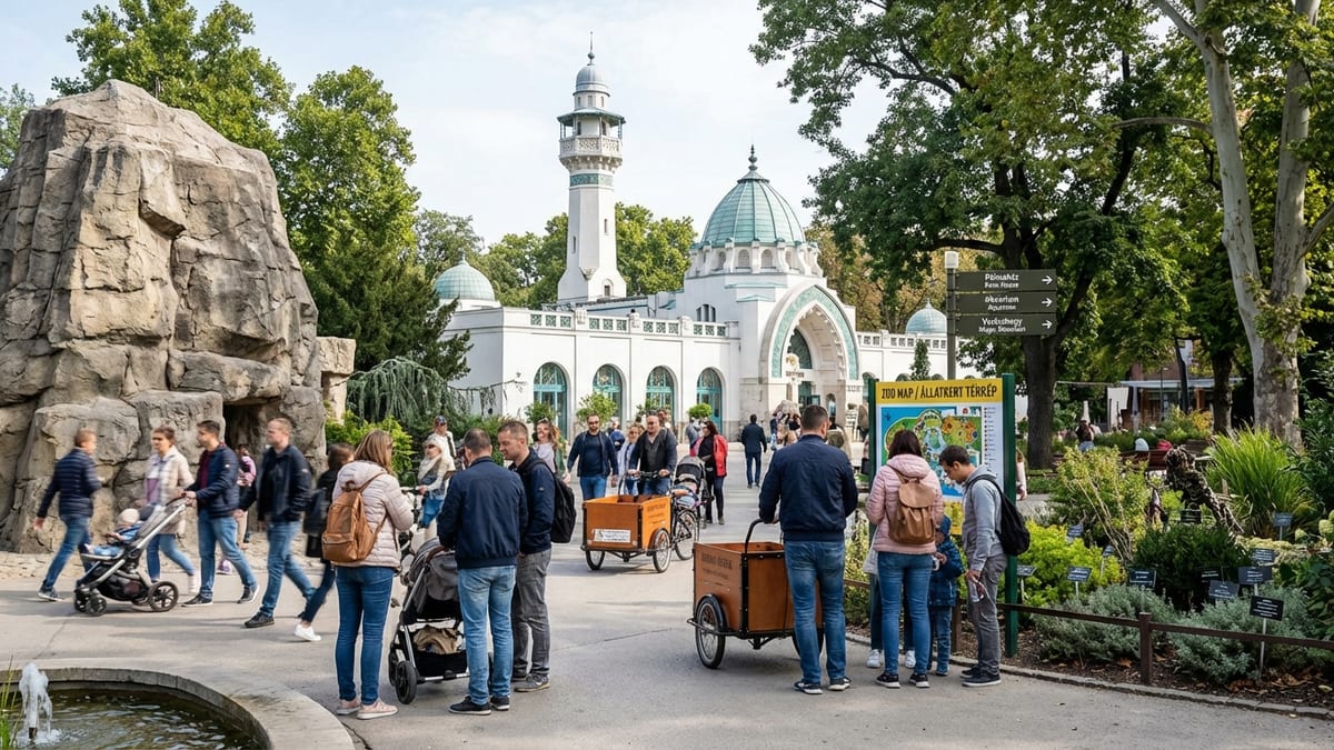 Daytime view of Budapest Zoo & Botanical Garden with visitors exploring.