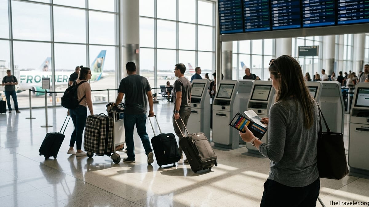 Travelers in a bright airport terminal walking toward kiosks with wallets and luggage visible.