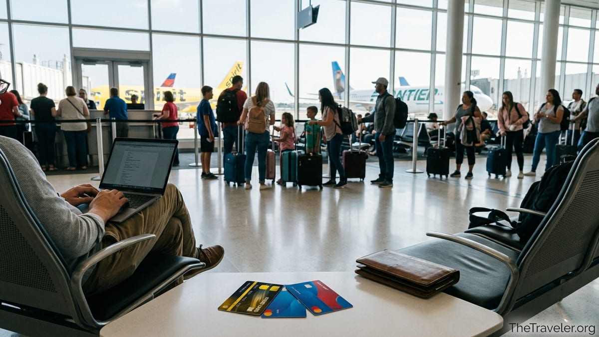 Traveler at an airport gate comparing colorful airline credit cards near budget airline planes.