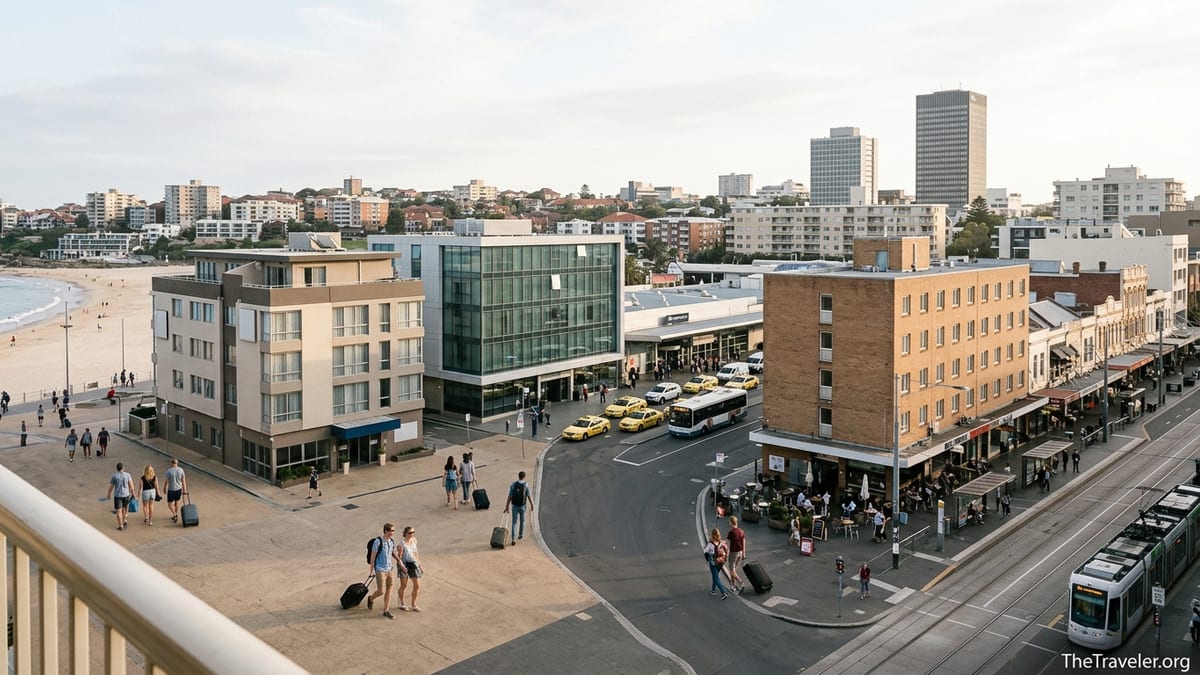 View of three budget hotels near a beach, airport terminal, and city street in one urban travel scene.