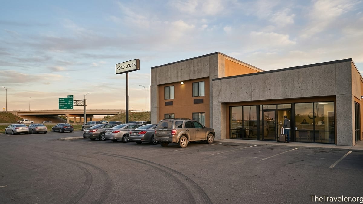 Modern budget hotel beside a US highway at sunset with cars parked out front.
