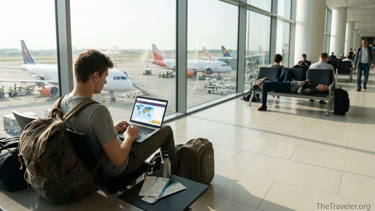 Budget traveler using a laptop to search cheap flights in a bright airport terminal