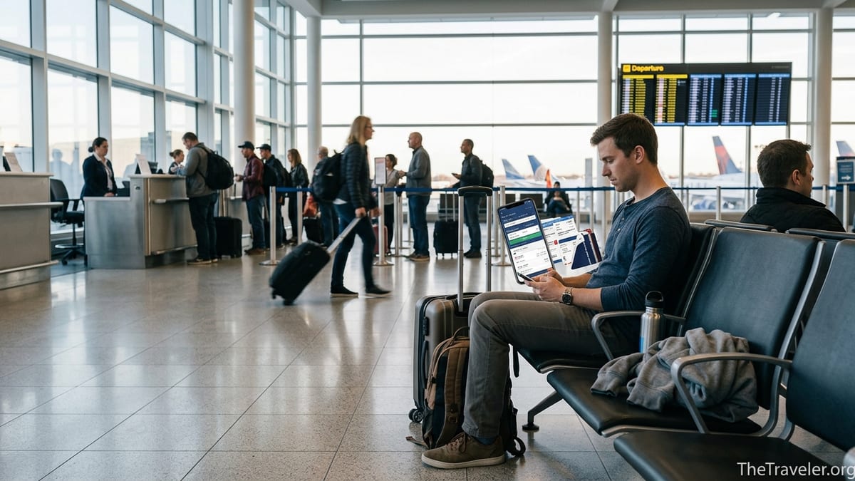 Budget traveler in an airport checking flight deals on a phone near carry-on luggage.
