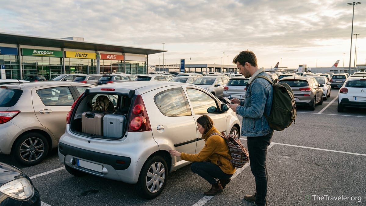 Budget travelers inspecting a small rental car at an airport parking lot at sunset.