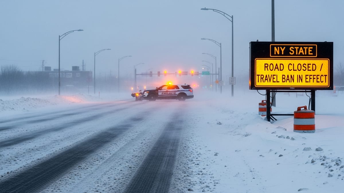Intense winter storm scene in Buffalo, New York, with blocked roadway and emergency vehicle.